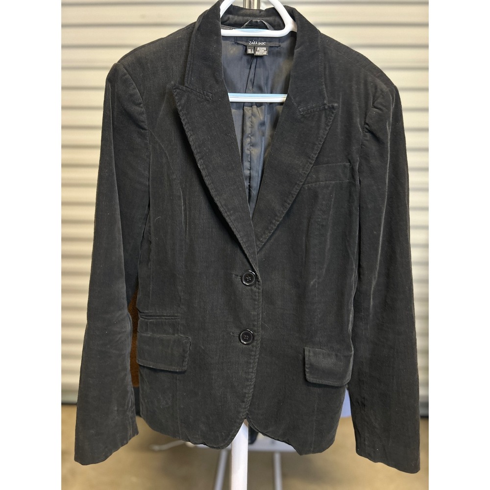 Zara Blazer Women Large Black Corduroy Basic Classic Professional Two Button